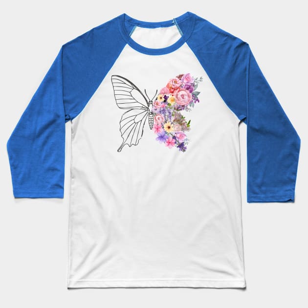 Butterfly with Flower Wings Baseball T-Shirt by RokaaShop